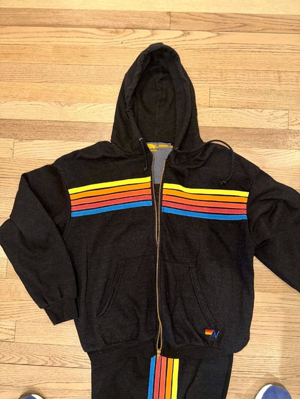 Aviator Nation 5 Stripe Zip Hoodie & Sweatpants Set Charcoal Hoodie M / Pants L